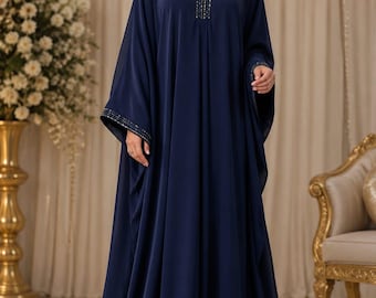 Damska, granatowa, zdobiona, długa sukienka typu kaftan z wiskozy – elegancka suknia ślubna i zaręczynowa