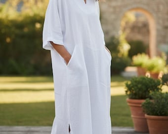 Szlafrok typu kangur z lnu w stylu kaftan - wygodna, luźna sukienka maxi dla kobiet