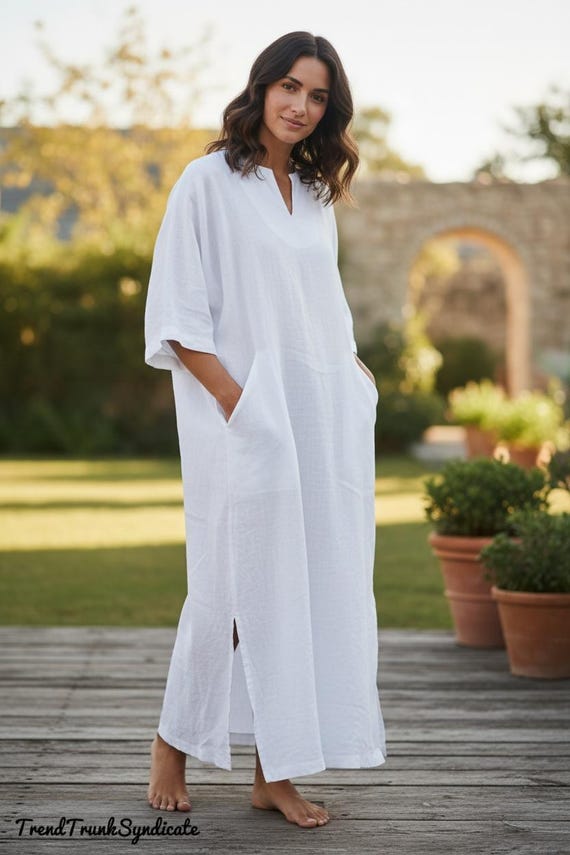 Kangaroo Pockets Linen Caftan Bathrobe - Comfort Loose fit Maxi Dress Women