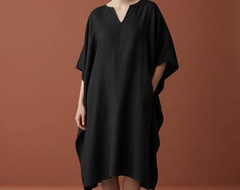 Black LINEN Short Kaftan for Women - Deep V-Neck Oversized Loose Caftan Dress - Women's Beachwear