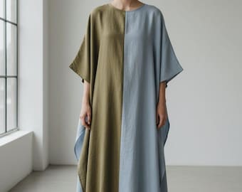 Nowoczesna, obszerna sukienka kaftan, dwukolorowa, zielono-niebieska, mehndi, luźny krój kaftan