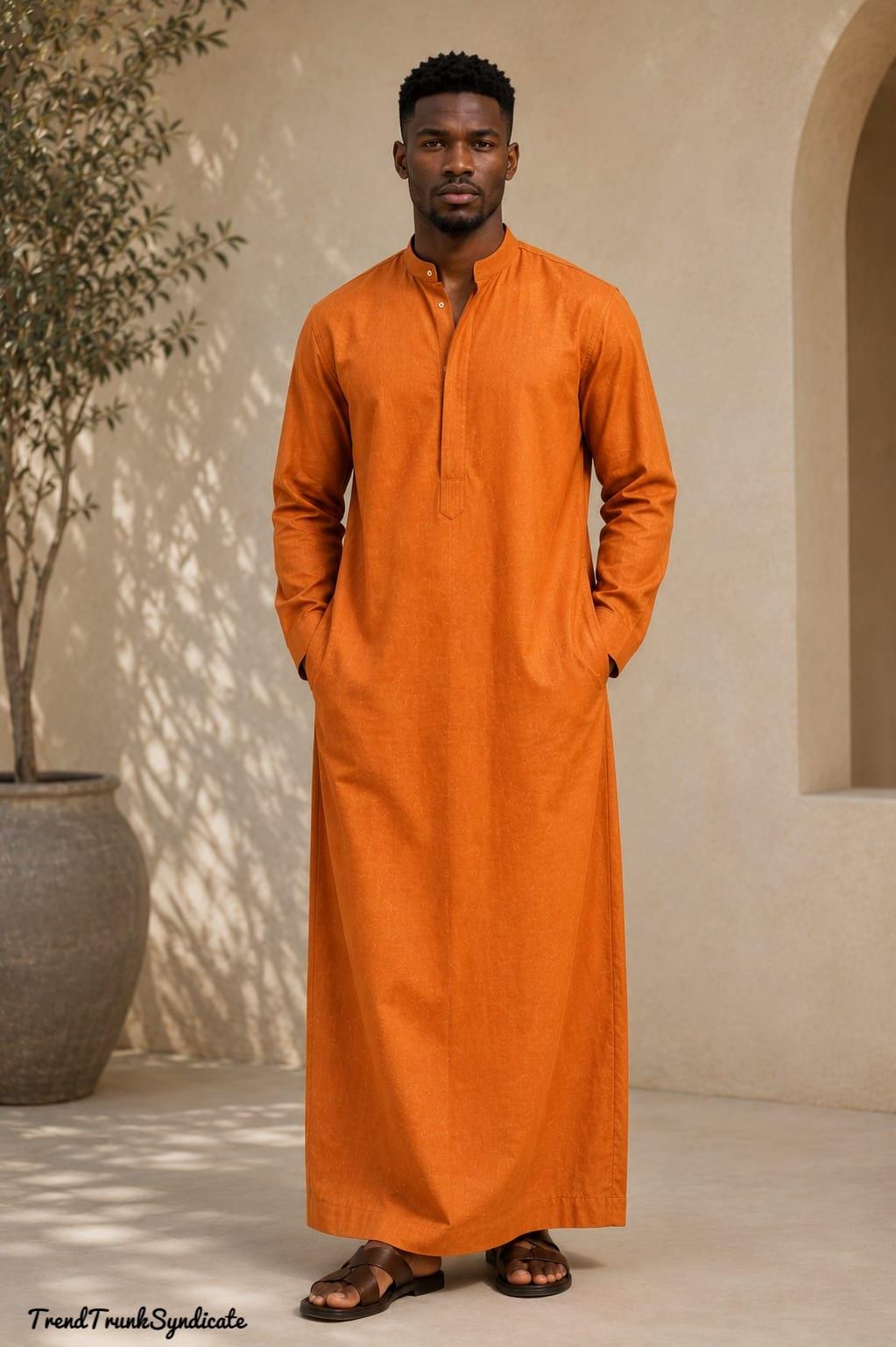 Men's Orange Linen Kaftan - Long Sleeve Robe Dress - Modern Kaftan for Man