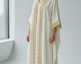 Kremowy haftowany kaftan damski, złota haftowana sukienka kaftan, luksusowy długi kaftan, elegancka abaja