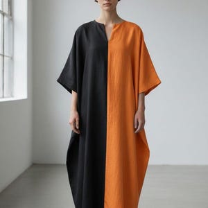 Women's Minimal Kaftan Dress, Black & Orange Split Color Kaftan, Loose Maxi Caftan