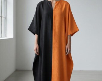 Minimalistyczna sukienka kaftan damska, czarno-pomarańczowy, luźny, długi kaftan