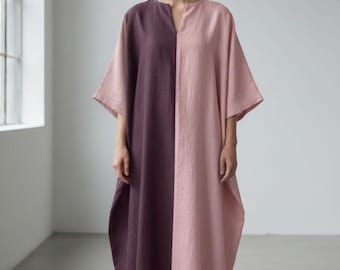 Fioletowo-różowy kaftan damski, sukienka w bloki kolorów, obszerny maksi kaftan, nowoczesny dwukolorowy