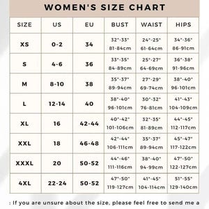 May include: A women's size chart from Trend Trunk Syndicate, detailing US, EU, bust, waist, and hip measurements for sizes XS to 4XL. Includes measurements in inches and centimeters, with a note about sizing assistance.