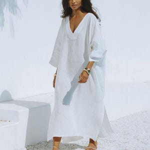 レディースリネンカフタンドレス - ゆったりとしたボヘミアン風マキシカフタン、夏のビーチカバーアップ、プラスサイズ