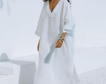 Abito caftano in lino da donna – Caftano lungo boho ampio, copricostume estivo da spiaggia, taglie forti