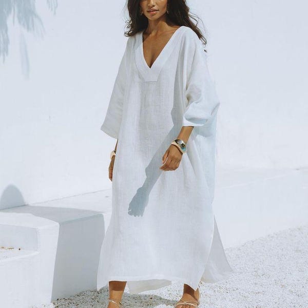 Women’s Linen Kaftan Dress – Loose Boho Maxi Caftan, Summer Beach Cover Up, Plus Size