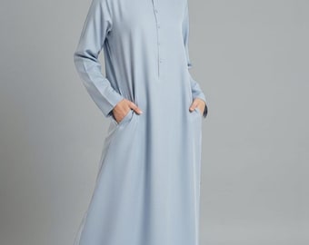 Kaftan damski w dużych rozmiarach – luźna sukienka maxi w stylu boho, lniany kaftan w kolorze nieba