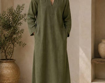 Męski lniany kaftan w kolorze oliwkowo-zielonym – z kieszenią na piersi – dostępne wszystkie rozmiary i kolory – komfort