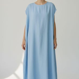 Sleeveless Linen Kaftan Dress Sky Blue, Side Split Maxi Caftan, Round Neck Oversized Dress