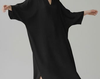 Damski czarny, bawełniany kaftan z podwójnym gazą - muślinowa sukienka wypoczynkowa - luźny, długi kaftan - oddychający kaftan