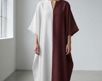Sukienka kaftan w bloki kolorów, biała, bordowa - luźny, długi szlafrok - nowoczesny kaftan damski