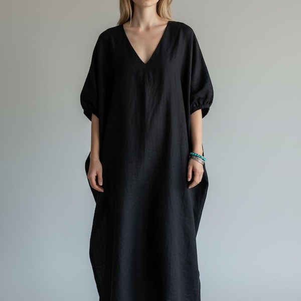 Abito caftano in lino taglie forti – Maxi abito nero oversize – Abbigliamento estivo traspirante
