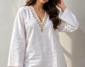 White Linen Kaftan Tunic - Women's Embroidered V Neck Top - Gold Floral Embroidery