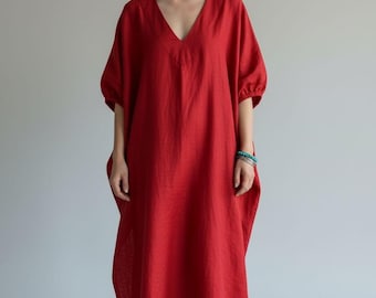 Sukienka domowa z lnu dla kobiet – minimalistyczny maxi kaftan – czerwony lniany kaftan w letnim stylu
