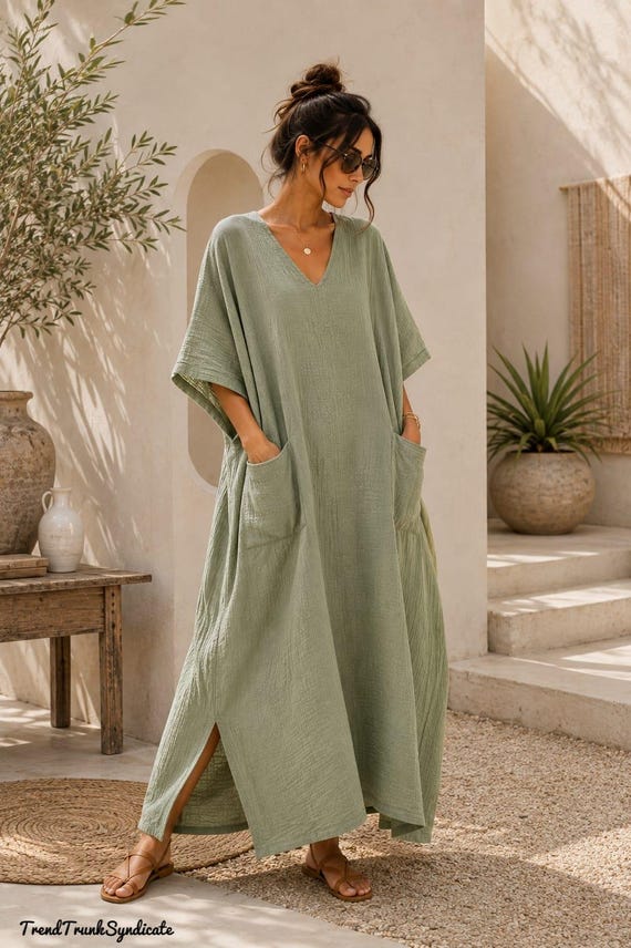 Sage Green Double Gauze Cotton Kaftan Dress for Women - Soft Muslin Lounge Wear - Womenswear