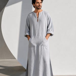 Grå linnekaftanmorgon - Boho morgonrock loungewear - Handgjord herrkaftan med sidoslit