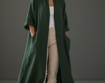 Dark Green Linen Long Kaftan - Robe Style - Kimono For Women - Party Wear Kimono
