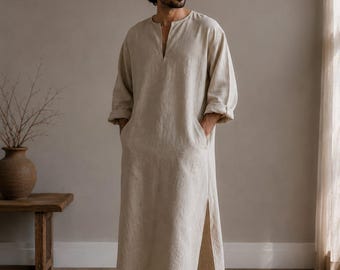 Męska lniana tunika kaftan - wygodna beżowa długa koszula - szlafrok plażowy LINEN