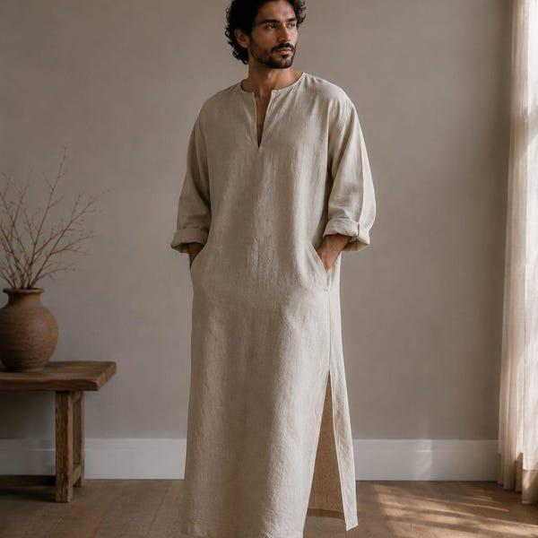 Men's Linen Kaftan Tunic - Comfortable Beige Long Shirt - Beachwear LINEN Robe