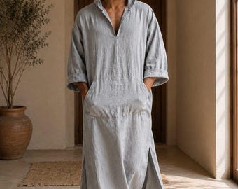 Szary męski lniany kaftan z kapturem – tunika wikingów z kapturem – średniowieczna koszula z kapturem – szata boho