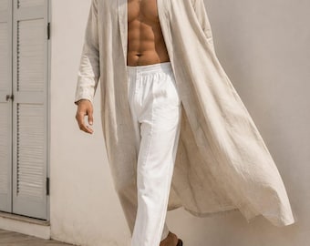 Męski szlafrok typu kaftan, 100% lniany, z odkrytym przodem i długim rękawem, do noszenia na co dzień, w komplecie lniane spodnie