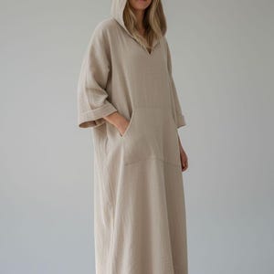linen hoodie dress Midnight Blue Linen Maxi Dress  Hooded Long Sleeve Dress 1140
