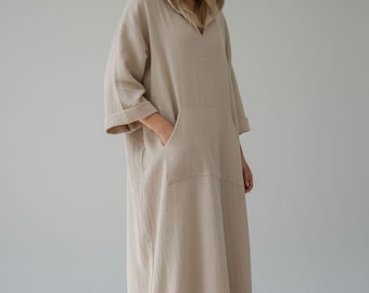 Ręcznie robiona damska długa suknia kaftan - lniana bluzka damska - beżowa lniana sukienka kaftan z kapturem