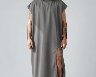 Modern Men’s Sleeveless Linen Kaftan with Hood, Elegant Beach Outfit - Dark Grey Caftan Robe