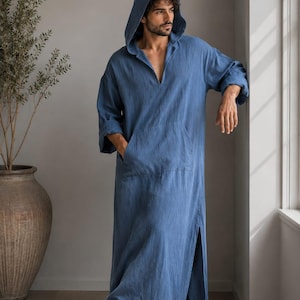 Men's Royal Blue Linen Hoodie Kaftan - LINEN Hooded Beach Cover Up Caftan Robe Thobe