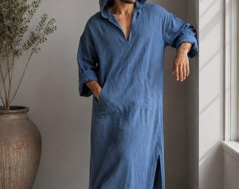 Męska lniana bluza z kapturem w kolorze królewskiego błękitu - LNIANA, plażowa, z kapturem, kaftan Thobe