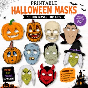 Op de afbeelding: Een set van 10 printbare Halloween-maskers voor kinderen met diverse personages zoals pompoenen, een schedel, een vampier, een zombie, het monster van Frankenstein, een heks en een duivel. De tekst luidt PRINTABLE HALLOWEEN MASKS.