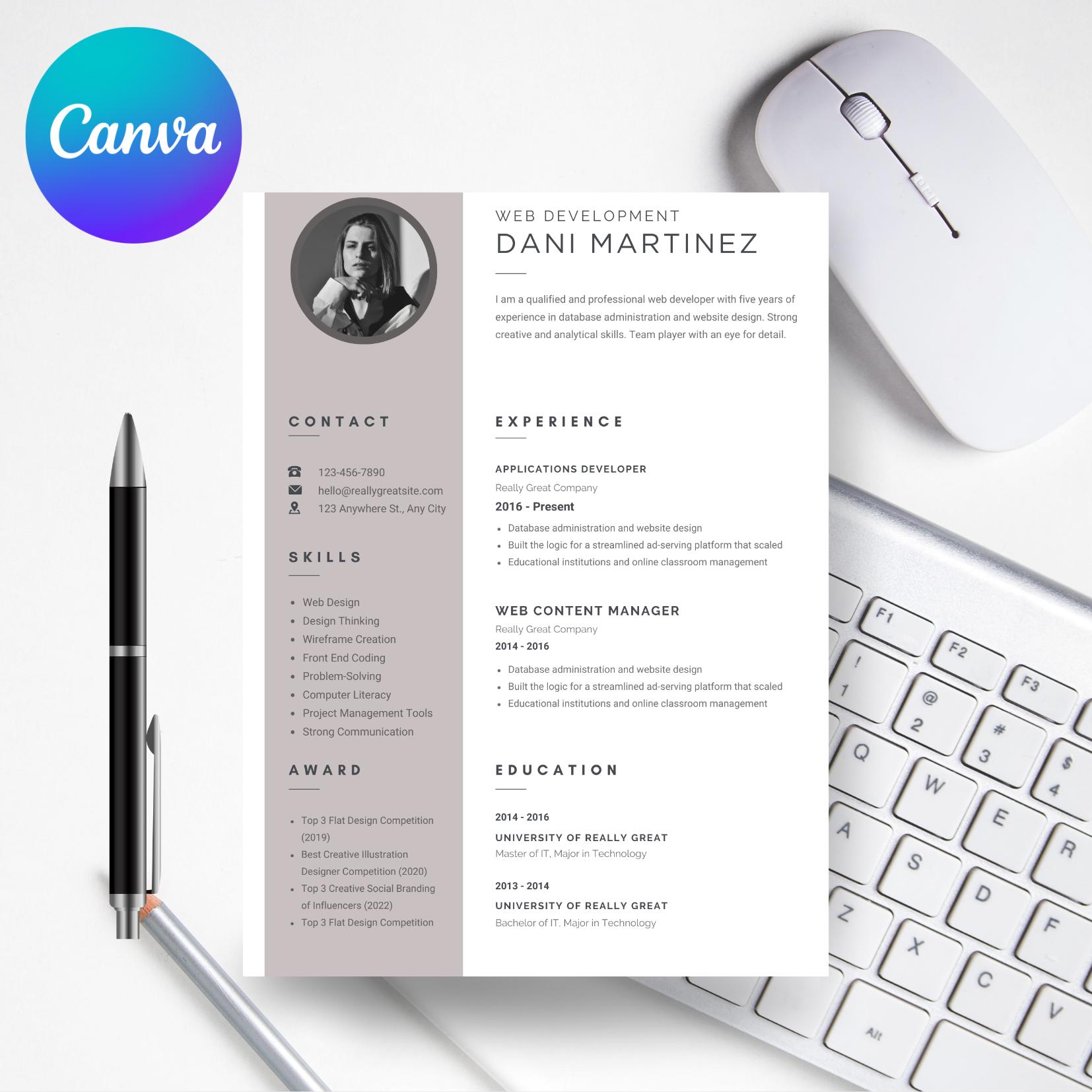 Modern Editable Resume Template for Canva – Minimal Professional CV ...