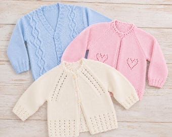 3-in-1 Baby trendy Cardigan Knitting Pattern Bundle, Knitted Baby textured Sweaters matinee set, Cable, Lace & Heart Motif soft Cardigans