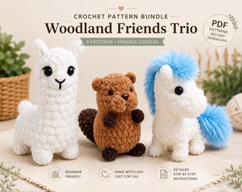 Woodland Friend trio low Sew crochet pattern bundle, 3 mini Amigurumi Plushies, Beginner Easy Crochet, Market Prep PDF, Instant Download