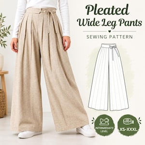Casual Petaluma Pleated Wide Leg Pants With Pockets | culotte Women Trousers Sewing Pattern | High Waisted Leg Pants | Zip Front Trousers