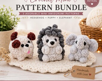 Easy 3 cute Amigurumi Crochet Patterns Bundle PDF, Cute Puppy, Elephant, Hedgehog Crochet Patterns | Beginner Plushie Animal Patterns