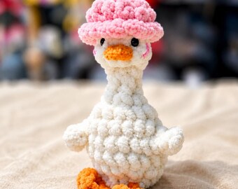 Easy Intermediate Little Goose Crochet Pattern, Amigurumi Standing Goose with Pink Bucket Hat, cute bird toy