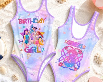 Personalized Birthday Girl Kpop Swimsuit, Custom Name Number Girls One Piece Swimsuit, Kpop Idol Swimwear, Kids Birthday Beach Outfit