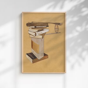 Puede incluir: Impresión artística enmarcada que muestra una pila de libros, un pincel y un objeto ovalado sobre una estantería. Los libros son de varios tamaños y colores, con texto visible en los lomos. La obra de arte tiene una paleta de colores neutros.