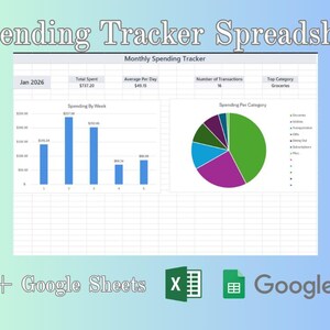 Op de afbeelding: Een digitale spreadsheet met de titel "Spending Tracker Spreadsheet" met grafieken. De spreadsheet toont maandelijkse uitgaven, inclusief een staafdiagram met uitgaven per week en een cirkeldiagram met uitgaven per categorie. De tekst "Excel + Google Sheets" is ook aanwezig.