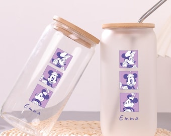 Minnies Fotos Glasbecher, personalisierter Name Mickey Mouse Glaskaffeetasse, mattierte und klare Glastasse, Kinderkartontasse, Geschenk für Kinder