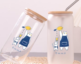 Weißer Bär Zitronensaft Glasbecher, personalisierter Name Weiße Katzenglas Kaffeetasse, Frosted & Klarglasschale, niedliche Kartonschale, Geschenk für Sie
