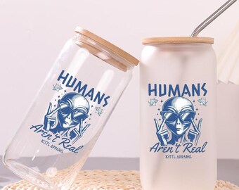 Alien-Invasion Glasbecher, personalisierte Name Coole Glaskaffeetasse, mattierte und klare Glastasse, Vasen im Vaporwave-Stil, Geschenk für Freunde