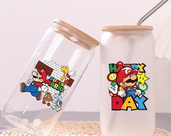 Vaso de cristal de Super Mario, taza de café de cristal personalizada con nombre de Las aventuras de Mario, vaso de cristal esmerilado y transparente, vaso de cartón, regalo de cumpleaños para niños