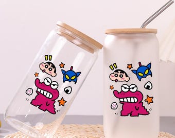 Crayon Shin-Chan Glasbecher, personalisierte Name Dinosaurier Glas Kaffeetasse, gefrostete Klarglas Tasse, Kinder Cartoon Tasse, Geschenk für Kinder