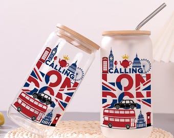 Trip to London Glass Tumbler,Personalized Name Iced Coffee Cup,Travel Souvenirs,Frosted & Clear Glass Cup,Retro Cup to Friends,Gift for Her
